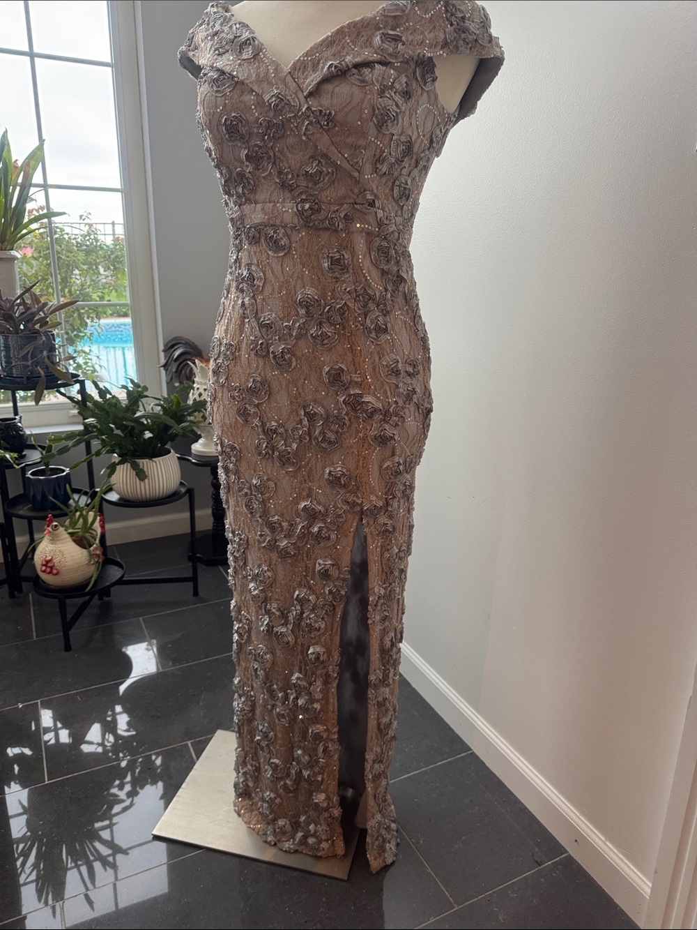 Xscape Nude-Beige Beaded Floral Maxi Dress with Front Slit - Picture 5 of 9